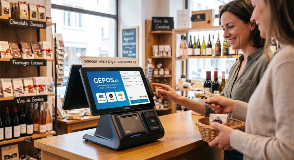 Waitress checking out on a GEPOS terminal in a Geneva brasserie